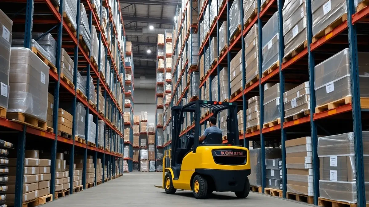 Komatsu forklift working warehouse racking aisles — Upright Forklift, Houston TX