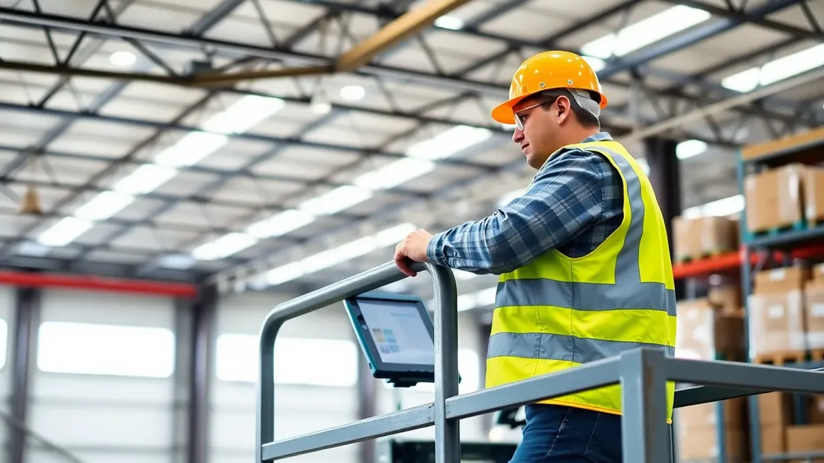 Operator running a scissor lift in a warehouse — Upright Forklift, Houston TX