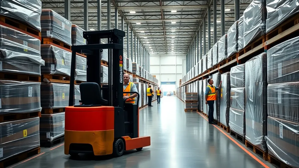 Straddle stacker forklift in a Houston distribution warehouse — Upright Forklift, Houston TX