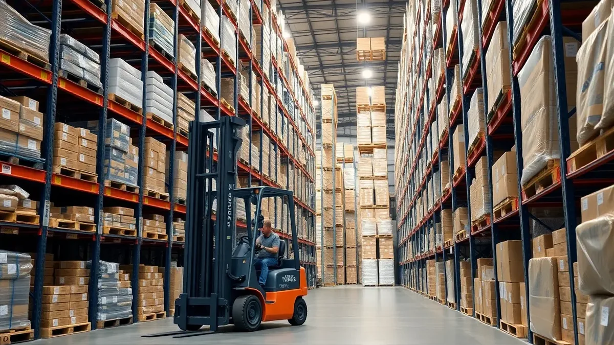 Toyota forklift working warehouse racking aisles — Upright Forklift, Houston TX