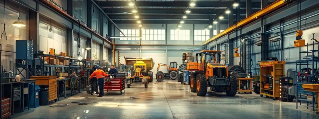 Heavy equipment repair workshop featuring technicians working on machinery, including tractors and construction vehicles, surrounded by tools and equipment for diagnostics and maintenance.