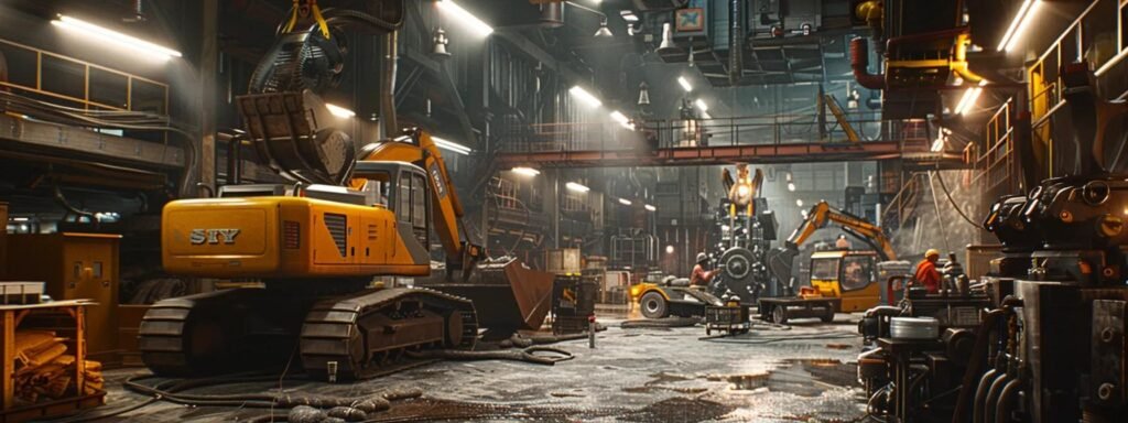 a bustling industrial workshop filled with skilled technicians efficiently servicing heavy construction machinery, illuminated by bright overhead lights and featuring various large diesel engines and hydraulic equipment in the background.