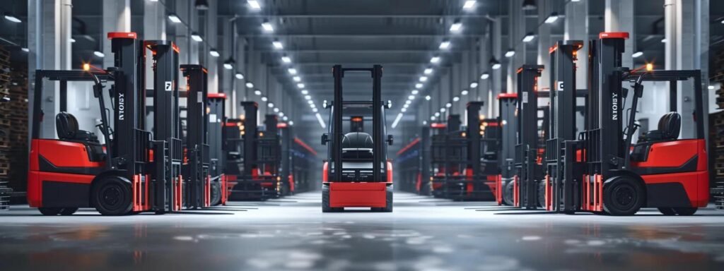 a dynamic warehouse interior showcases an array of modern forklifts efficiently navigating through organized aisles filled with pallets, illuminated by bright overhead lighting that emphasizes their sleek designs and operational precision.