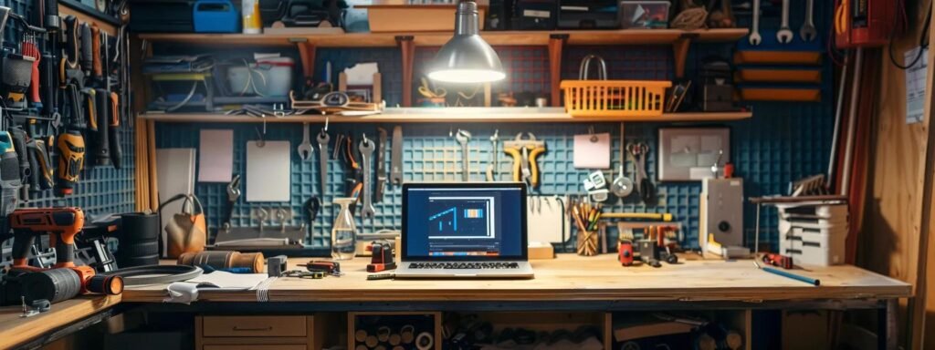 a focused office workspace showcases a well-organized toolset alongside a laptop displaying repair tutorials, emphasizing a proactive approach to diy equipment troubleshooting.