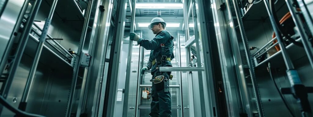 a focused technician in a modern office building elevator shaft performs an urgent repair amidst a backdrop of tools and equipment, capturing the intensity of emergency lift repair work with bright artificial lighting highlighting the technical environment.