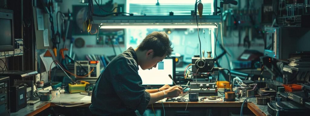 a focused technician meticulously repairs sophisticated electronic equipment in a modern workshop, surrounded by tools and screens, highlighting precision and expertise.