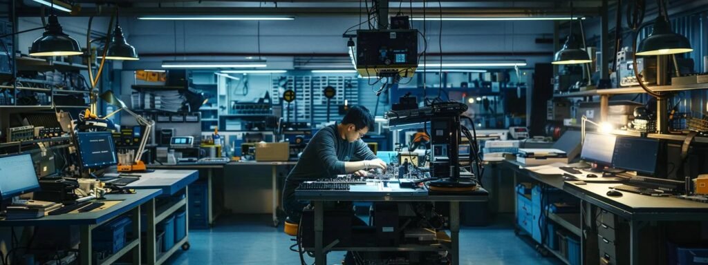 a focused technician works diligently at a modern repair service center, surrounded by an array of high-tech tools and devices, illuminated by bright overhead lights that enhance the sleek, industrial atmosphere.