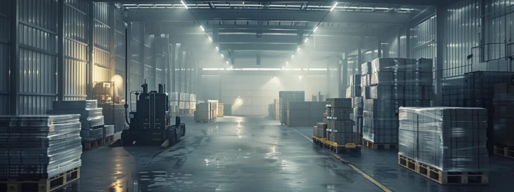 a meticulously organized warehouse showcases a variety of robust mhe pallets, strategically arranged to maximize space efficiency and enhance workflow, illuminated by bright overhead lights that highlight the cleanliness and functionality of the operational environment.