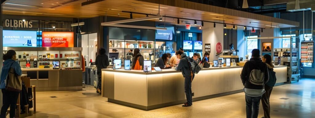 a modern, bustling urban service center with bright signage and diverse customers engaging with repair technicians at sleek counters, all illuminated by warm interior lighting.