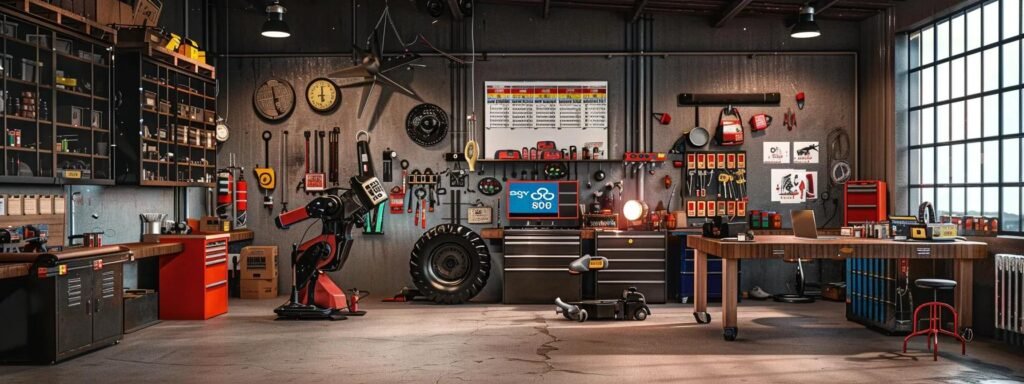 Modern mechanics workshop with tools, equipment, and a large tire, emphasizing heavy equipment repair and maintenance services.