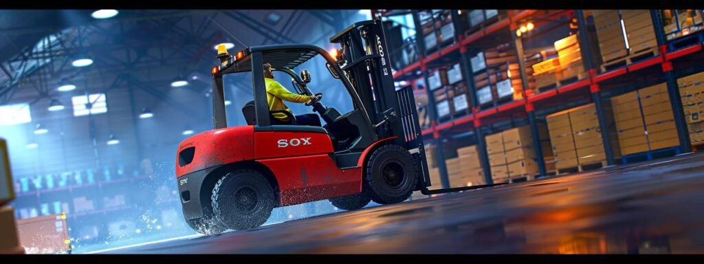 a powerful forklift maneuvering effortlessly through a bustling industrial warehouse, surrounded by neatly stacked pallets and vibrant safety signage, captured in sharp detail with dramatic overhead lighting to emphasize its robust machinery.