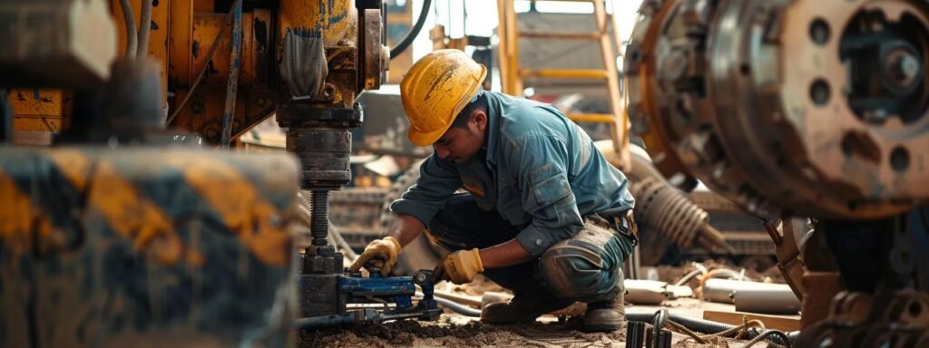 a skilled technician efficiently repairs heavy mobile equipment on-site at a bustling construction site, surrounded by machinery and tools, showcasing the urgency and reliability of mobile repair services.