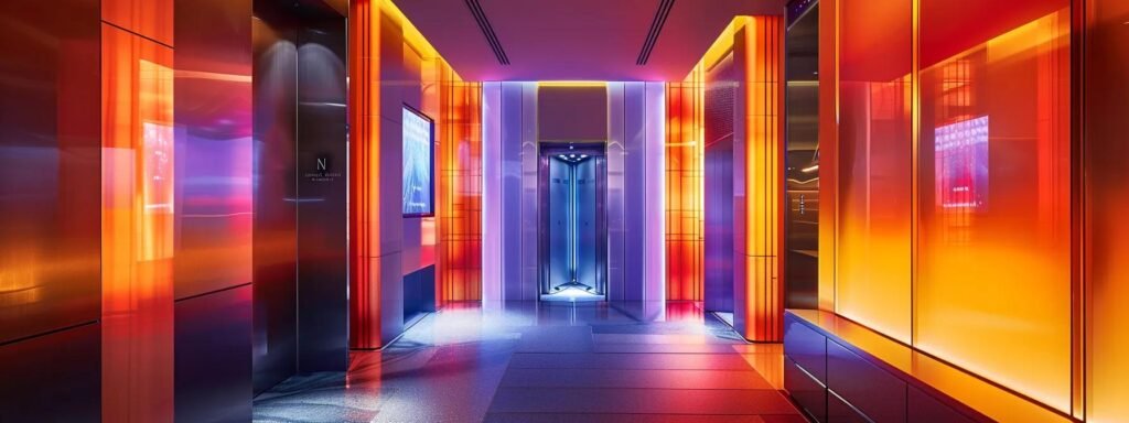 a sleek, modern elevator interior showcases cutting-edge iot technology and digital interfaces, illuminated by ambient lighting that highlights energy-efficient features and sleek design elements.