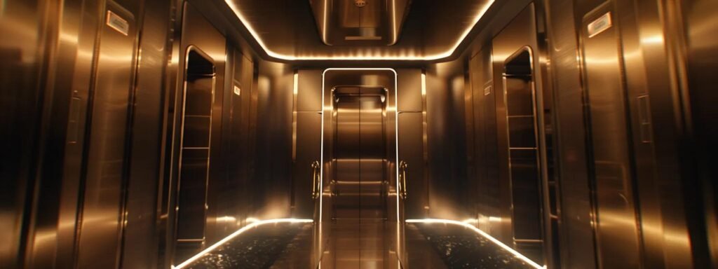 a sleek, modern elevator interior gleams with polished metal and soft ambient lighting, showcasing a professional environment that conveys efficiency and sophistication in lift service.