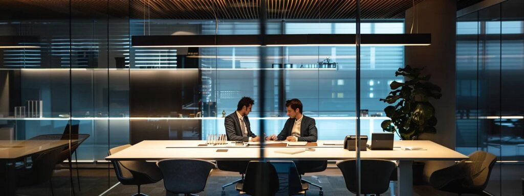 a sleek, modern office setting showcases a focused discussion between two professionals reviewing a detailed contract, emphasizing key factors like transparent pricing and service warranties on a digital tablet, illuminated by bright, focused overhead lighting.