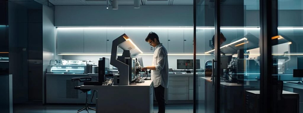 a sleek, modern office space showcases a diligent technician inspecting advanced machinery, illuminated by sharp overhead lights that highlight the precision and professionalism of maintenance service.