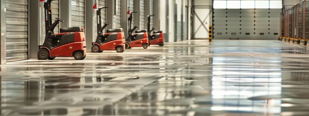 a sleek, modern warehouse interior showcases a variety of pallet jacks—manual and electric—strategically positioned on polished concrete, emphasizing their efficiency in moving heavy loads with ease.