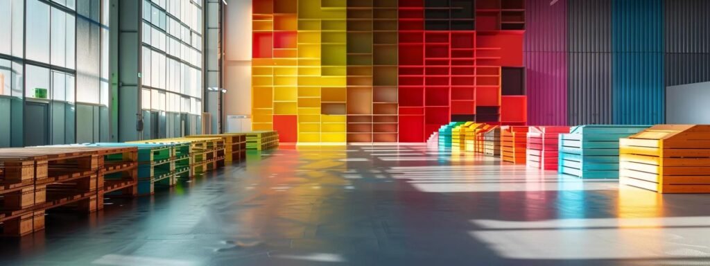 a sleek, modern warehouse interior showcases an array of colorful mhe pallets neatly organized, highlighting their distinct shapes and designs under bright, focused industrial lighting to emphasize their benefits in enhancing productivity and safety compliance.