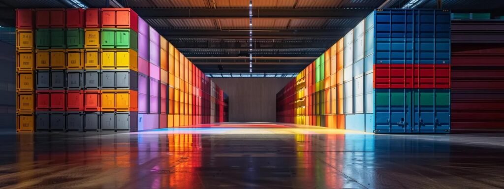 a sleek, modern warehouse interior showcases an impressive stack of colorful mhe pallets, illuminated by bright overhead lights, emphasizing the organized efficiency of logistical operations.