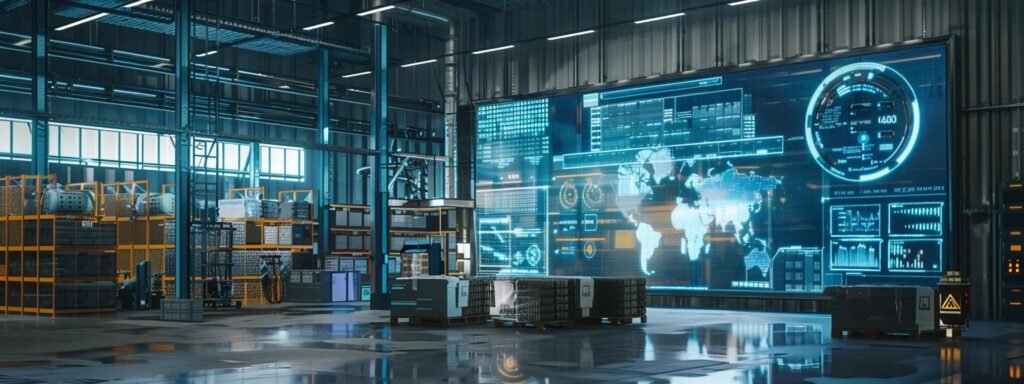 a sleek, modern warehouse interior showcases a variety of high-quality mhe pallets and equipment, with clear signage indicating pricing trends and cost factors prominently displayed on a digital screen.