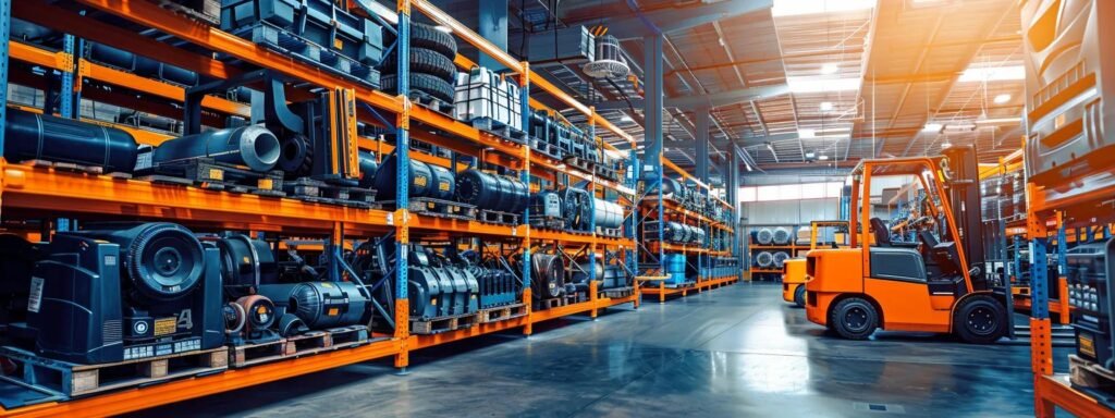 Vibrant industrial warehouse interior showcasing organized shelves filled with forklift parts and components, including batteries, tires, and hydraulic systems, with an orange forklift positioned for efficient equipment service and maintenance.