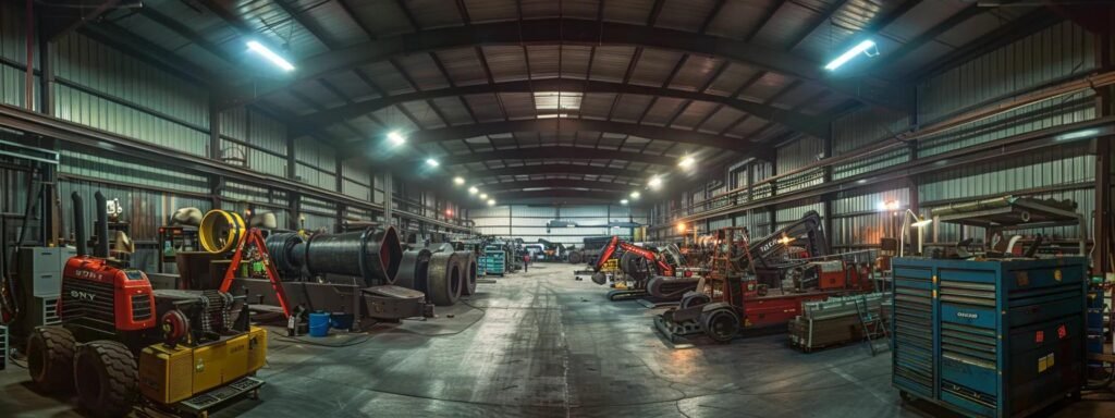 Heavy equipment repair shop interior with various machinery, tools, and vehicles, highlighting a well-organized space for in-shop repairs and maintenance services.