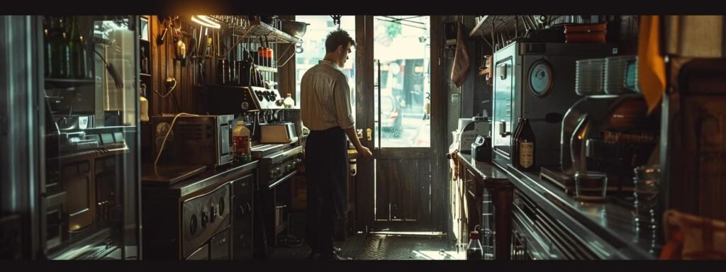 an industrial maintenance technician meticulously inspects a complex commercial kitchen appliance in a bustling urban restaurant, highlighting the critical importance of repair services in maintaining operational efficiency.