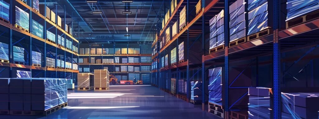 an industrial warehouse interior showcases a variety of robust, used material handling equipment, highlighted under bright overhead lights with a focus on clear inspection labels and maintenance history documentation prominently displayed.