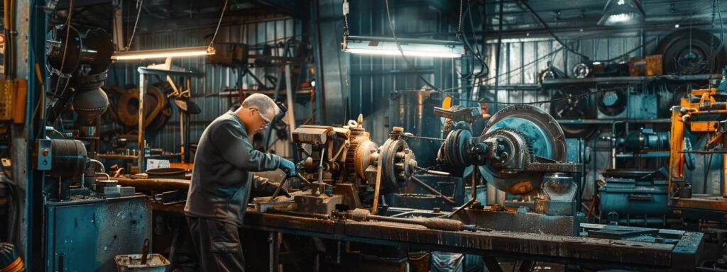 an industrial workshop bathed in fluorescent light showcases a skilled technician meticulously repairing a massive piece of heavy machinery, surrounded by tools and equipment that emphasize the complexity of the task.