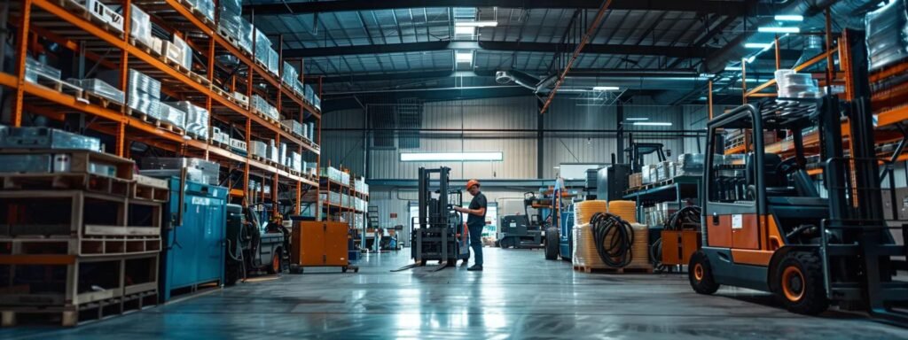 Warehouse environment with forklifts, shelves of materials, and a technician inspecting equipment, emphasizing forklift maintenance and repair services.