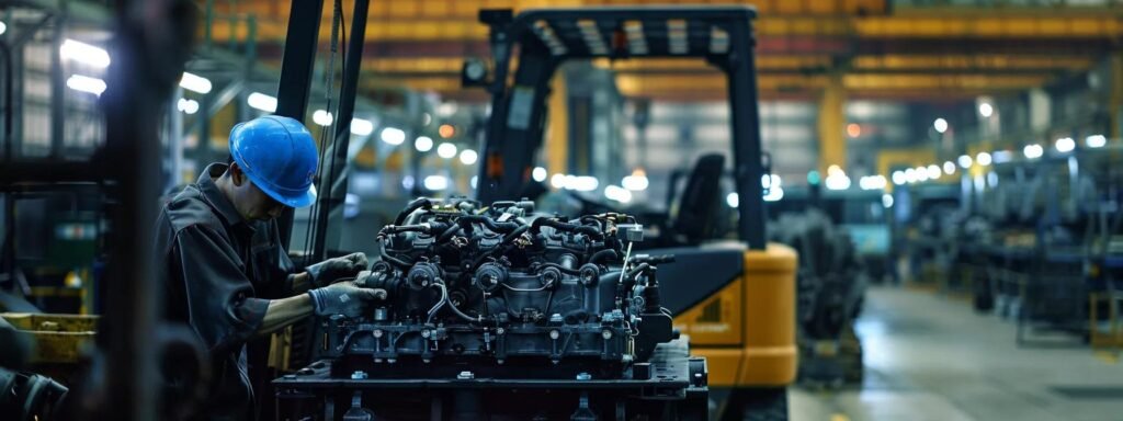 a skilled technician intricately examines the engine of a massive forklift in a bright, bustling warehouse, highlighting the critical nature of expert repair and maintenance to minimize equipment downtime.