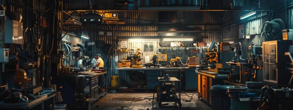 a bustling urban equipment repair facility, featuring knowledgeable technicians engaged in hands-on repairs with a backdrop of sophisticated tools and machinery, reflecting a well-established reputation for quality service.