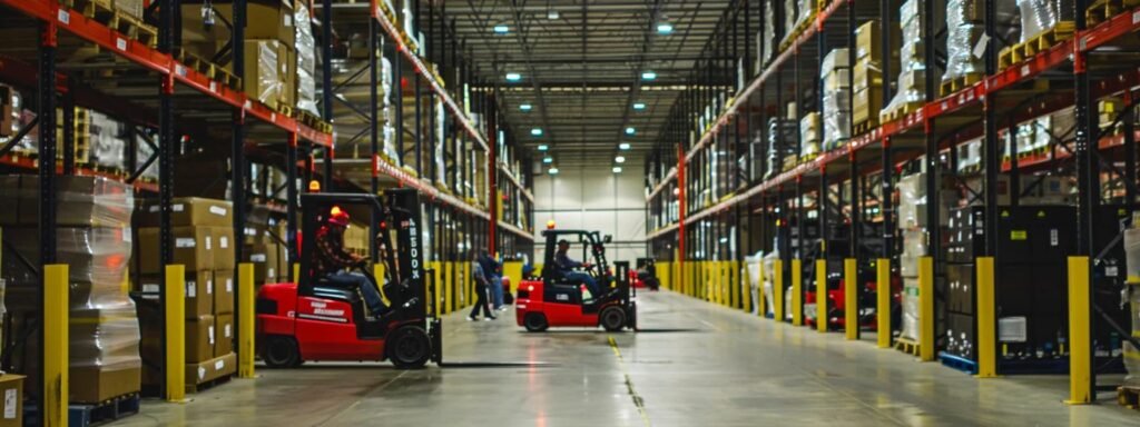 Forklifts operating in a busy warehouse with stacked boxes and organized shelving, illustrating efficient logistics and equipment utilization for minimizing downtime.