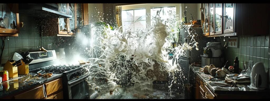 a dramatic indoor scene captures a chaotic emergency plumbing situation with water gushing from a burst pipe in a dimly lit, cluttered kitchen, highlighting the urgency of calling for immediate plumbing repair services.