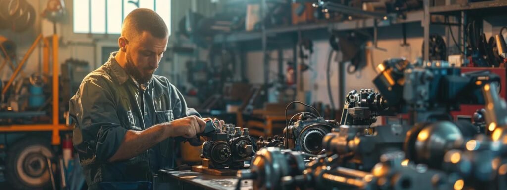 a focused mechanic intently assesses a complex array of industrial machinery parts in a brightly lit workshop, emphasizing the intricate details of the repair process.