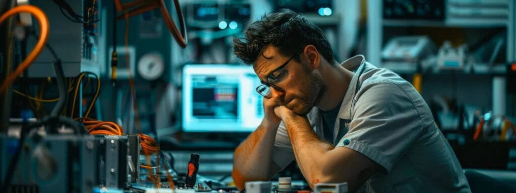 a focused technician in a sleek, modern office frantically assesses malfunctioning equipment amidst a backdrop of emergency repair tools and diagnostic screens, highlighting the urgency of resolving critical equipment failures.