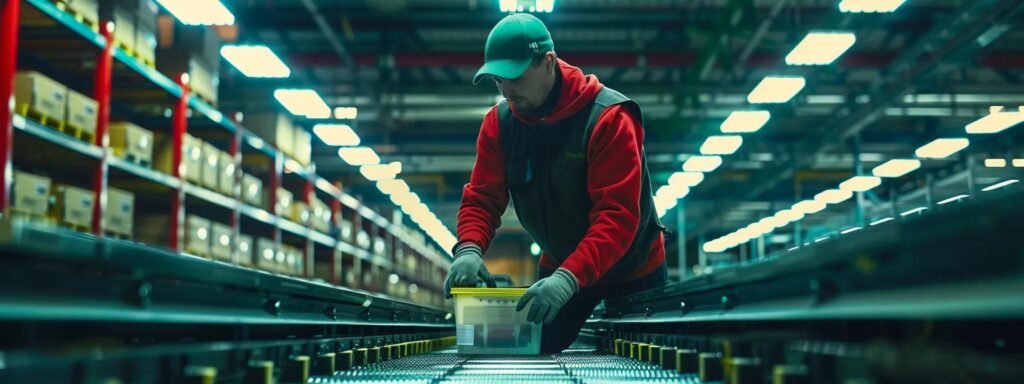 a focused technician inspects a robust material handling machine in a well-organized industrial warehouse, illuminated by bright overhead lights, showcasing the importance of regular maintenance for optimal performance and safety.