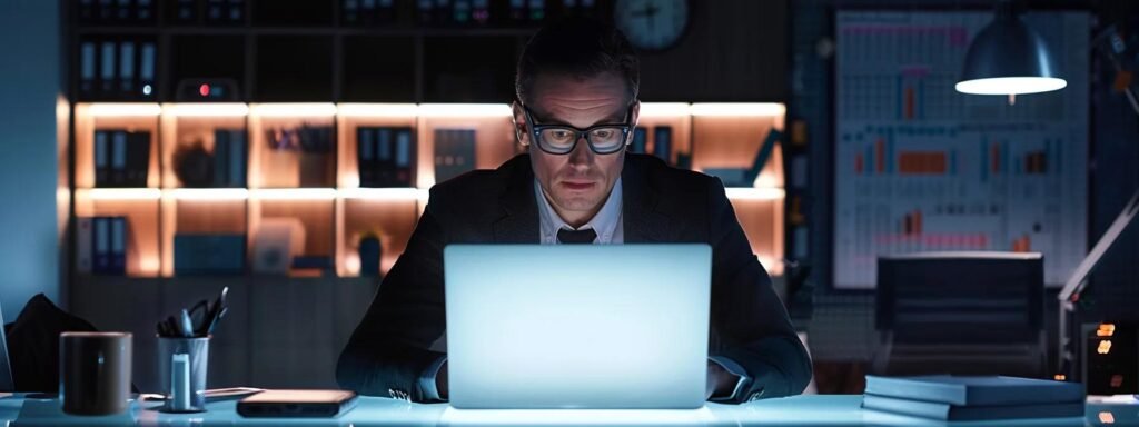 a modern office space showcases a focused individual analyzing repair service options on a sleek laptop, with a backdrop of contemporary furniture and a whiteboard filled with comparative charts and notes.