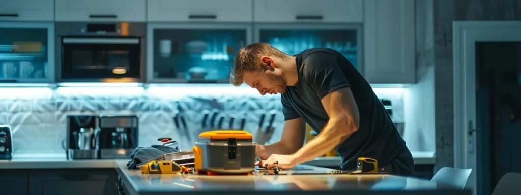 a skilled technician meticulously examines a modern kitchen appliance, with a toolbox and repair parts neatly arranged on a sleek countertop, illuminated by bright, focused overhead lighting in a clean, contemporary home setting.
