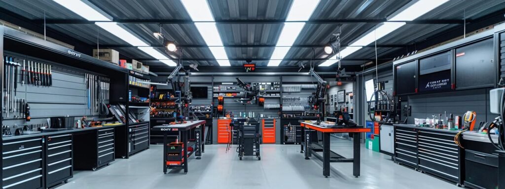 a sleek, modern repair workshop showcases an array of high-tech equipment and tools, illuminated by bright overhead lights, emphasizing the precision and expertise of the equipment repair service.