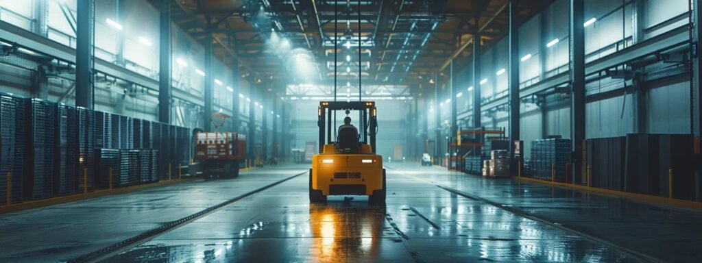 a sleek, modern warehouse filled with advanced material handling equipment, showcasing a robust forklift navigating smoothly through well-organized aisles under illuminated, high-tech overhead lighting.