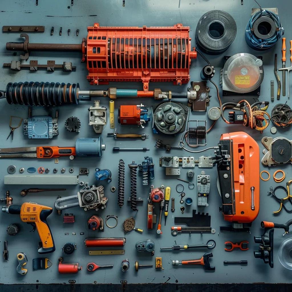 Common forklift repair parts including hydraulic and engine components on a workbench