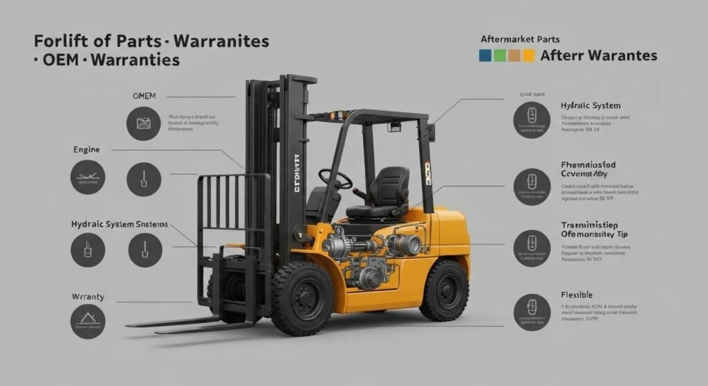 Visual representation of various forklift parts warranties including OEM and aftermarket options