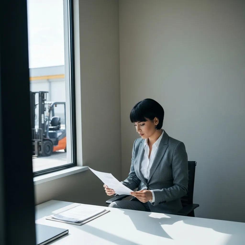 Business professional reviewing forklift warranty claim documents in an office