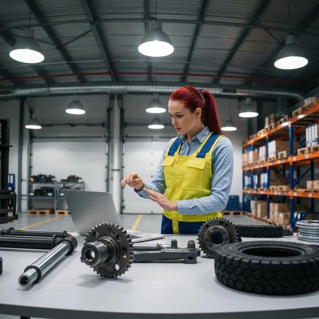 Logistics manager evaluating forklift parts suppliers in a modern office setting