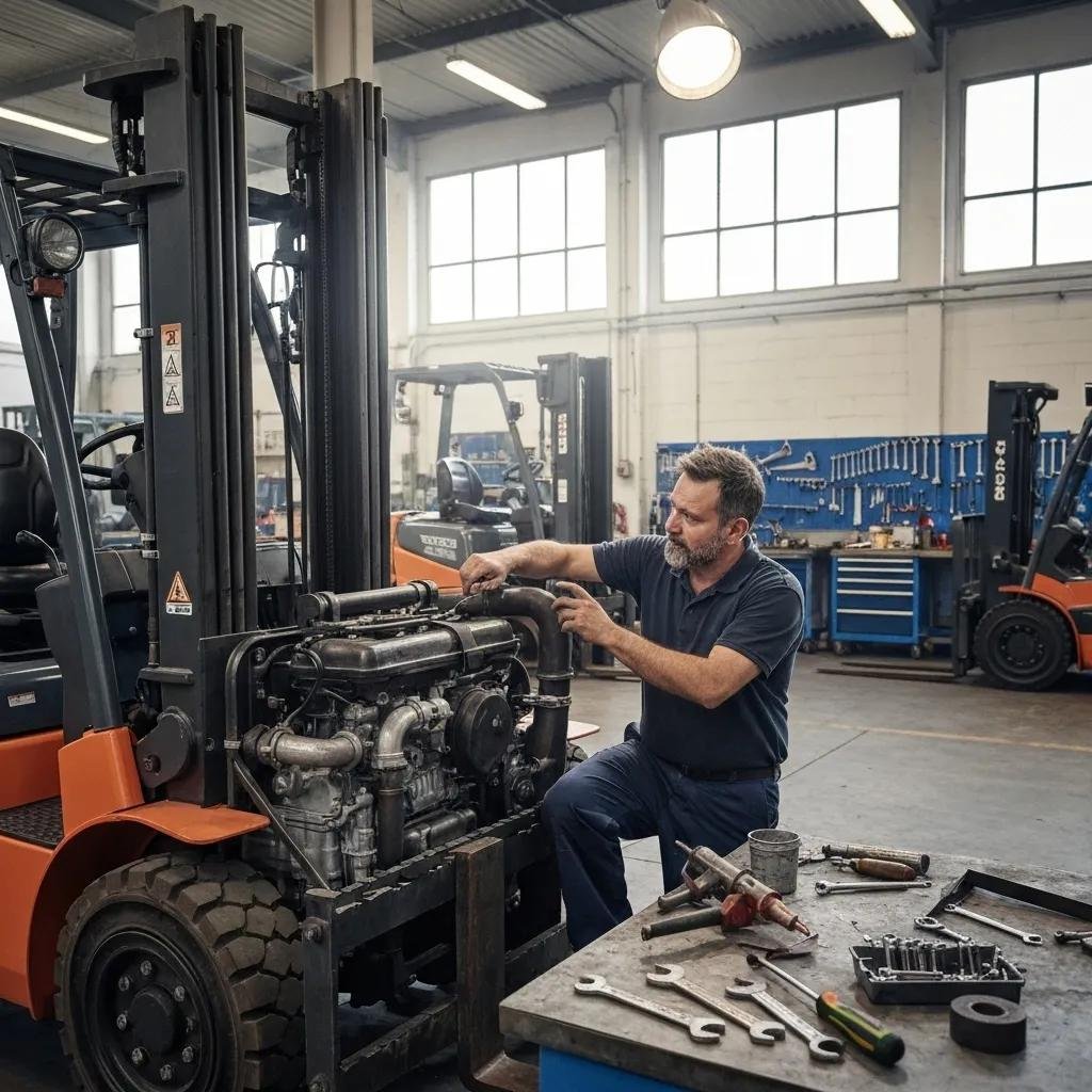 Forklift being serviced in a workshop, highlighting repair and maintenance activities