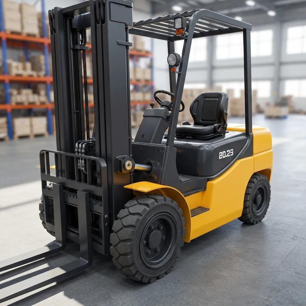 Forklift parts displayed in a warehouse, highlighting tires, batteries, and hydraulic components