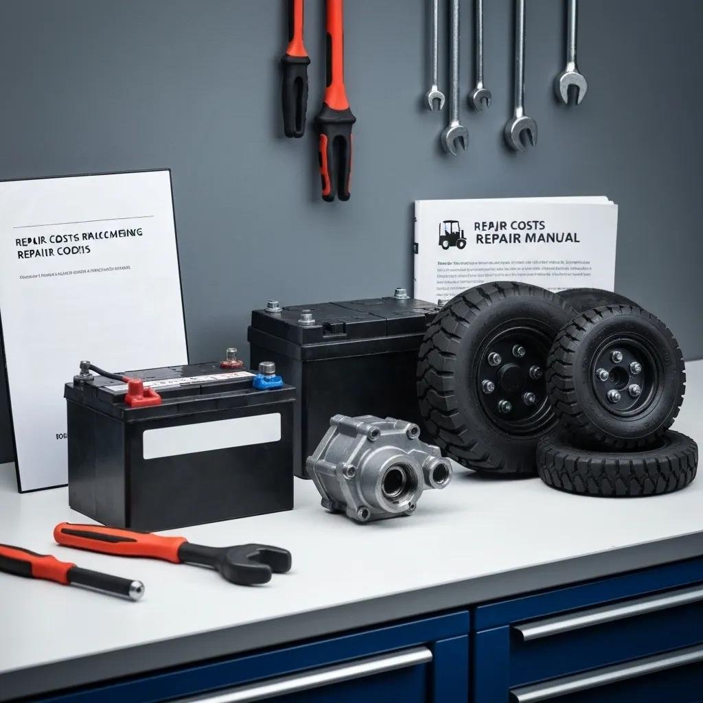 Various forklift parts on a workbench, representing average repair costs and maintenance