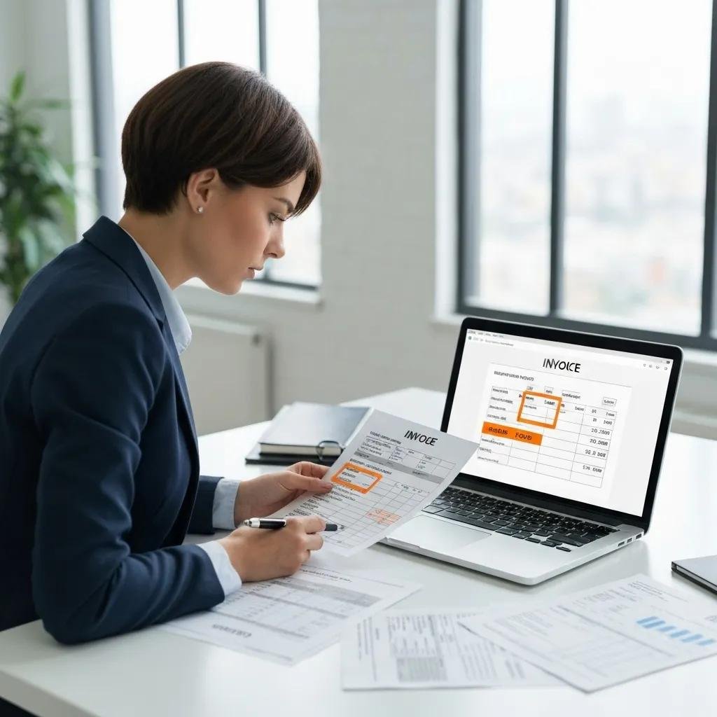 Business person analyzing an invoice for forklift parts, focusing on hidden fees