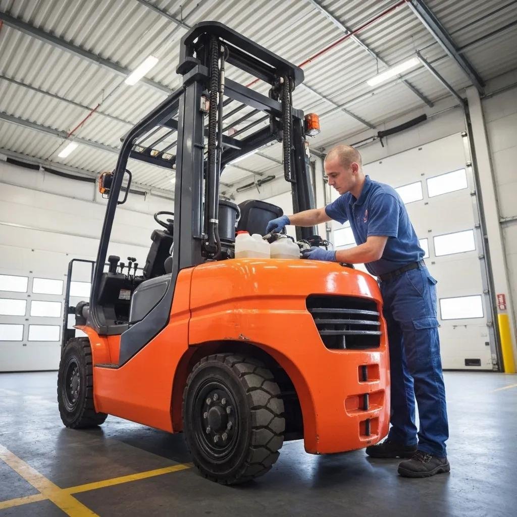 Technician performing preventative maintenance on a forklift, emphasizing cost reduction strategies